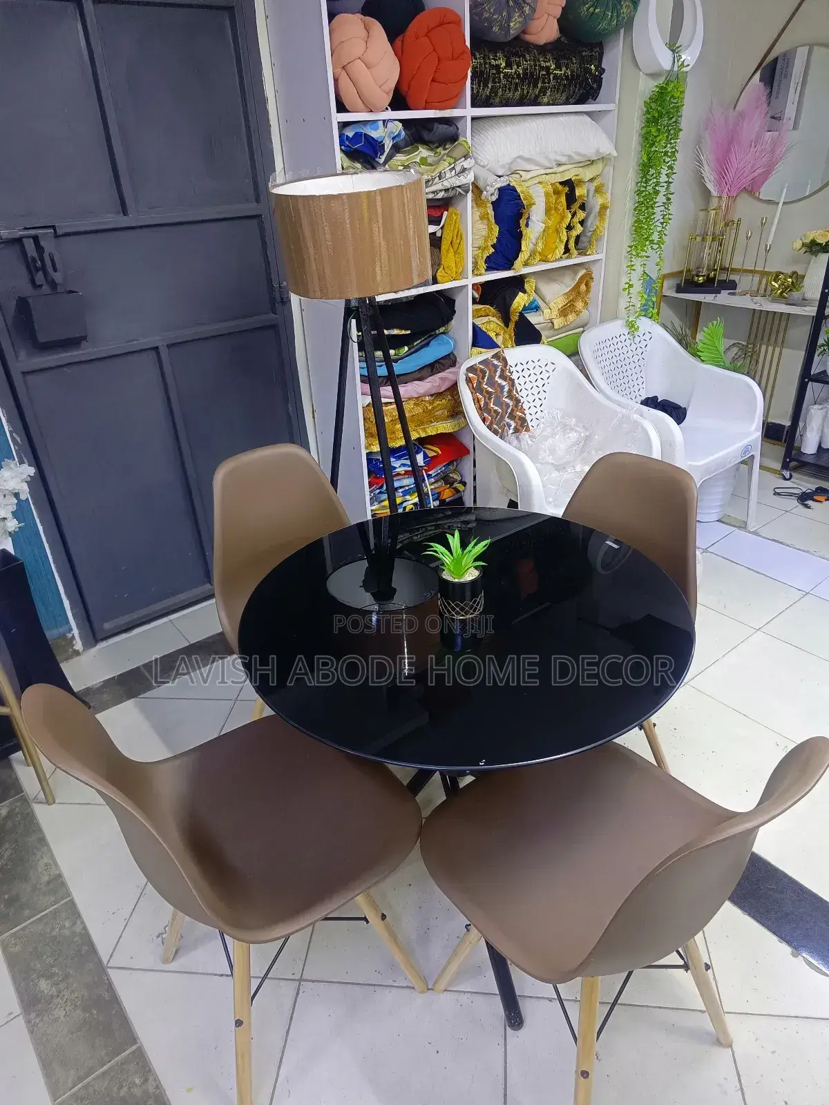Black Round Glass Table With Brown Chairs Dining Table