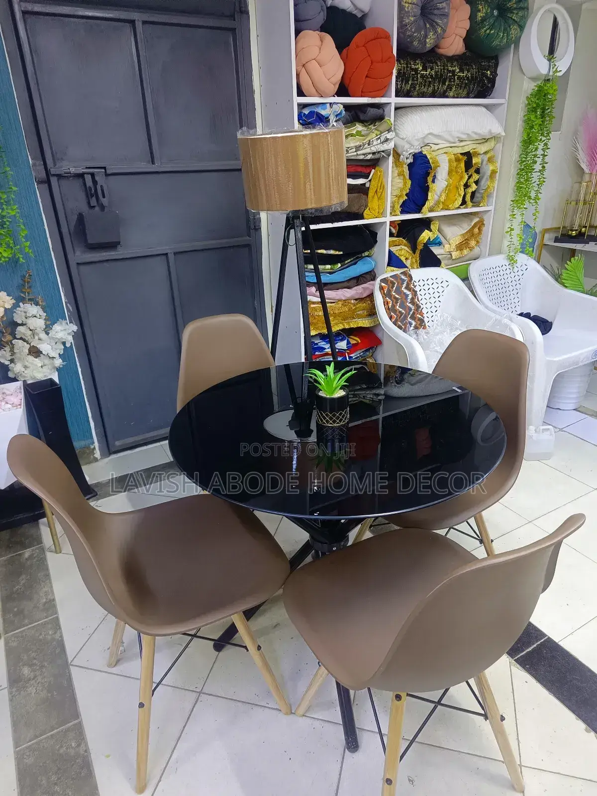 Black Round Glass Table With Brown Chairs Dining Table