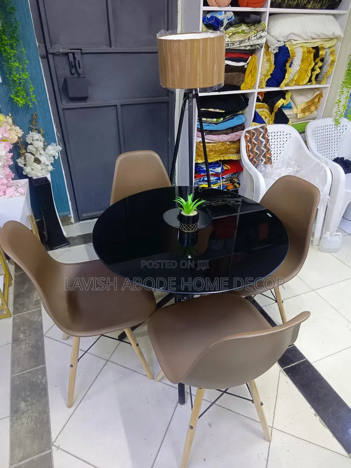 Black Round Glass Table With Brown Chairs Dining Table