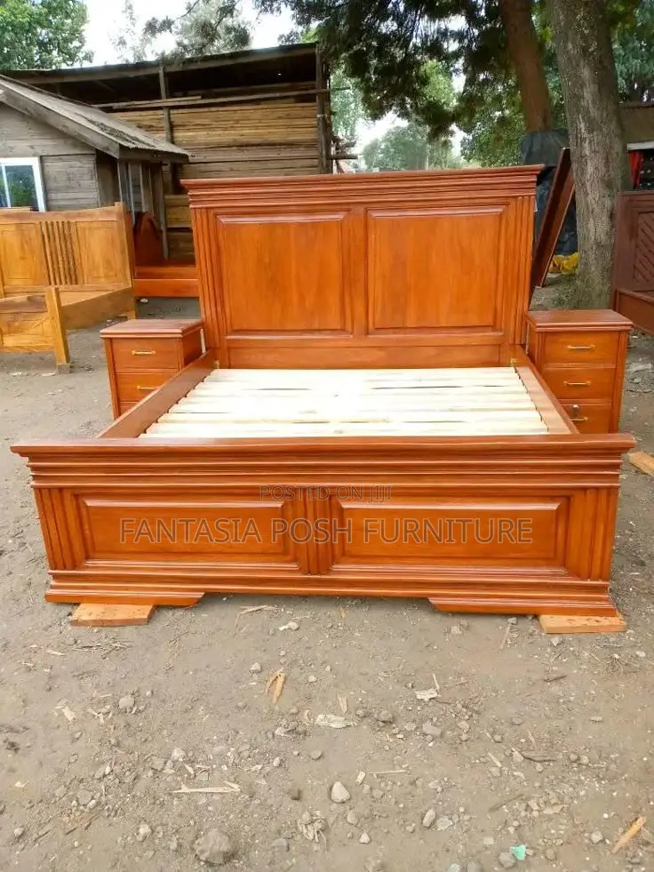 5 by 6 Pure Mahogany Wooden Panel Bed + 2 Side Boxes