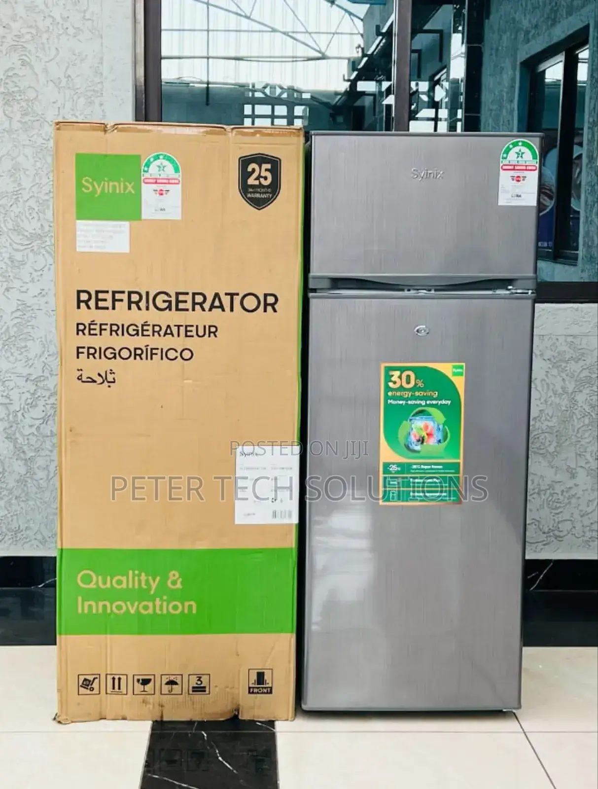 Syinix 210ltrs Double Refrigerator.
 Inbuilt Fridge Guard