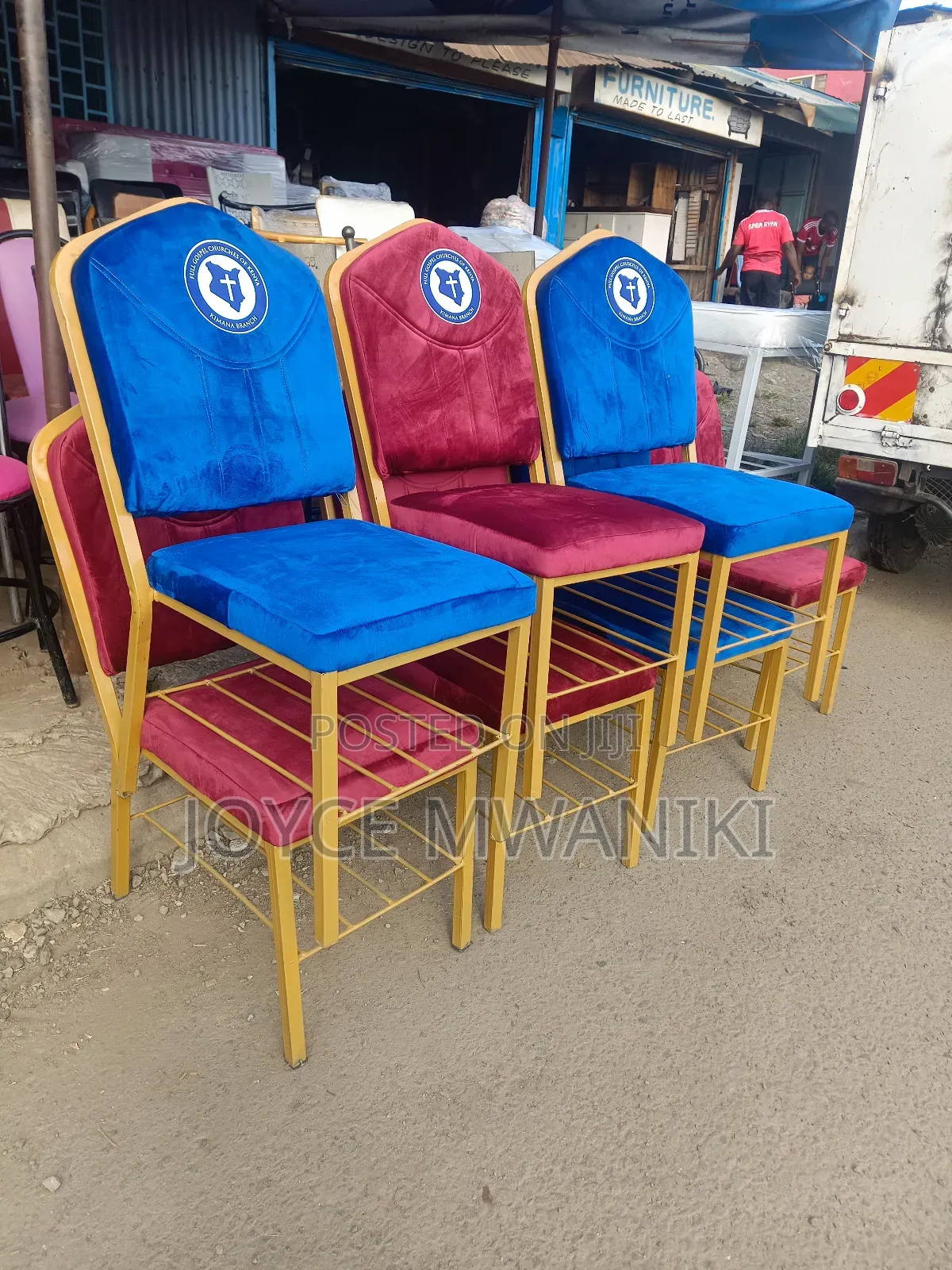 Mix of Maroon and Blue Church Chairs With Logo 