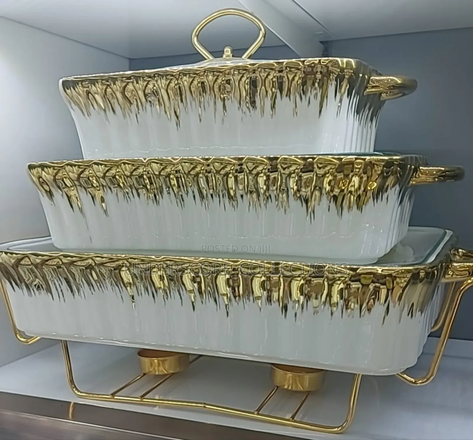 3 in 1 White With Gold Decorations Ceramic Chaffing Dishes