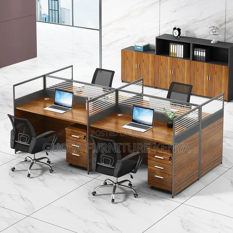 Workstations: 4-Way Natural Wood Grain Workstation Desk
