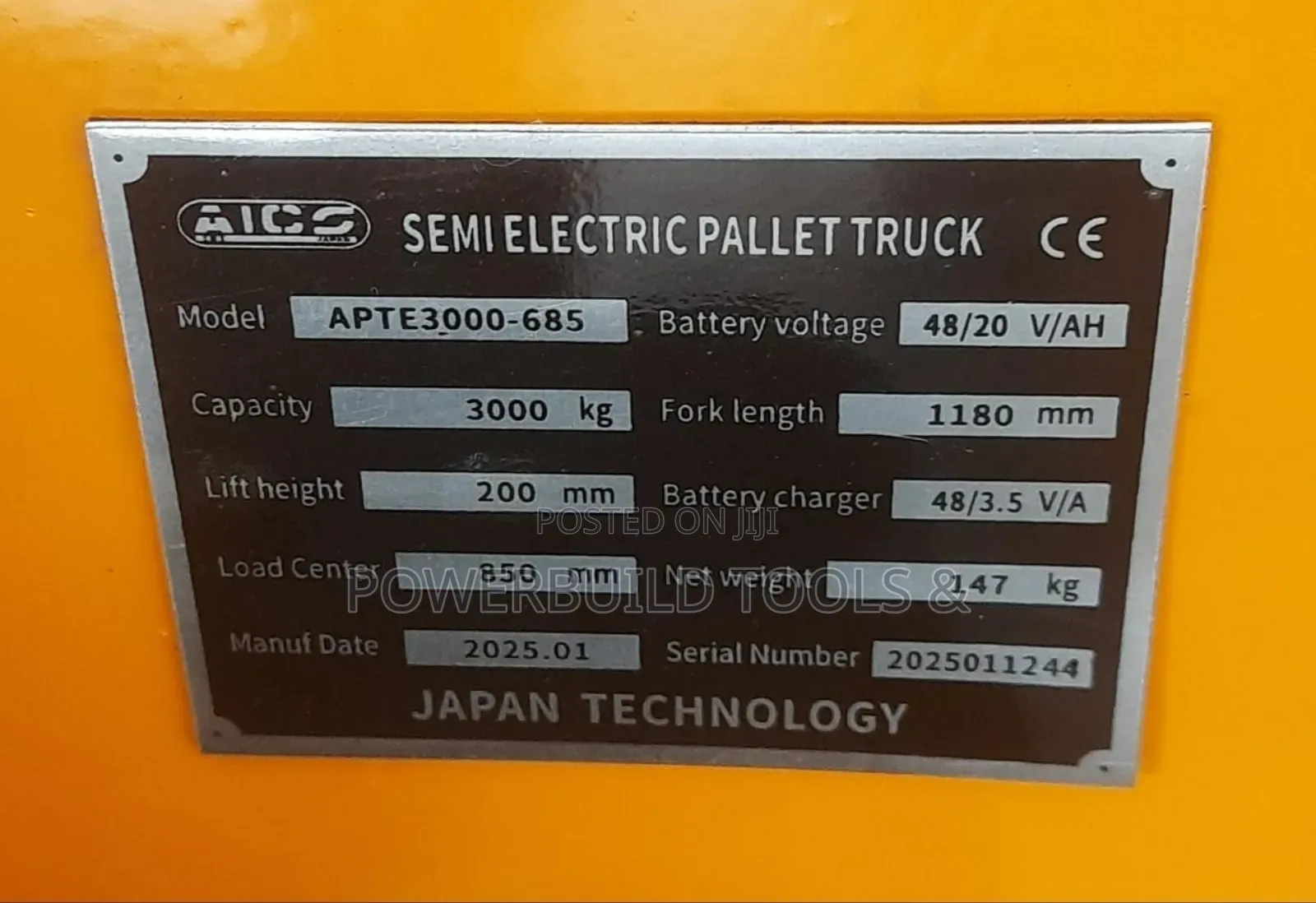 Aico Japan Semi Electric Pallet Truck 3tonne Wide Base
