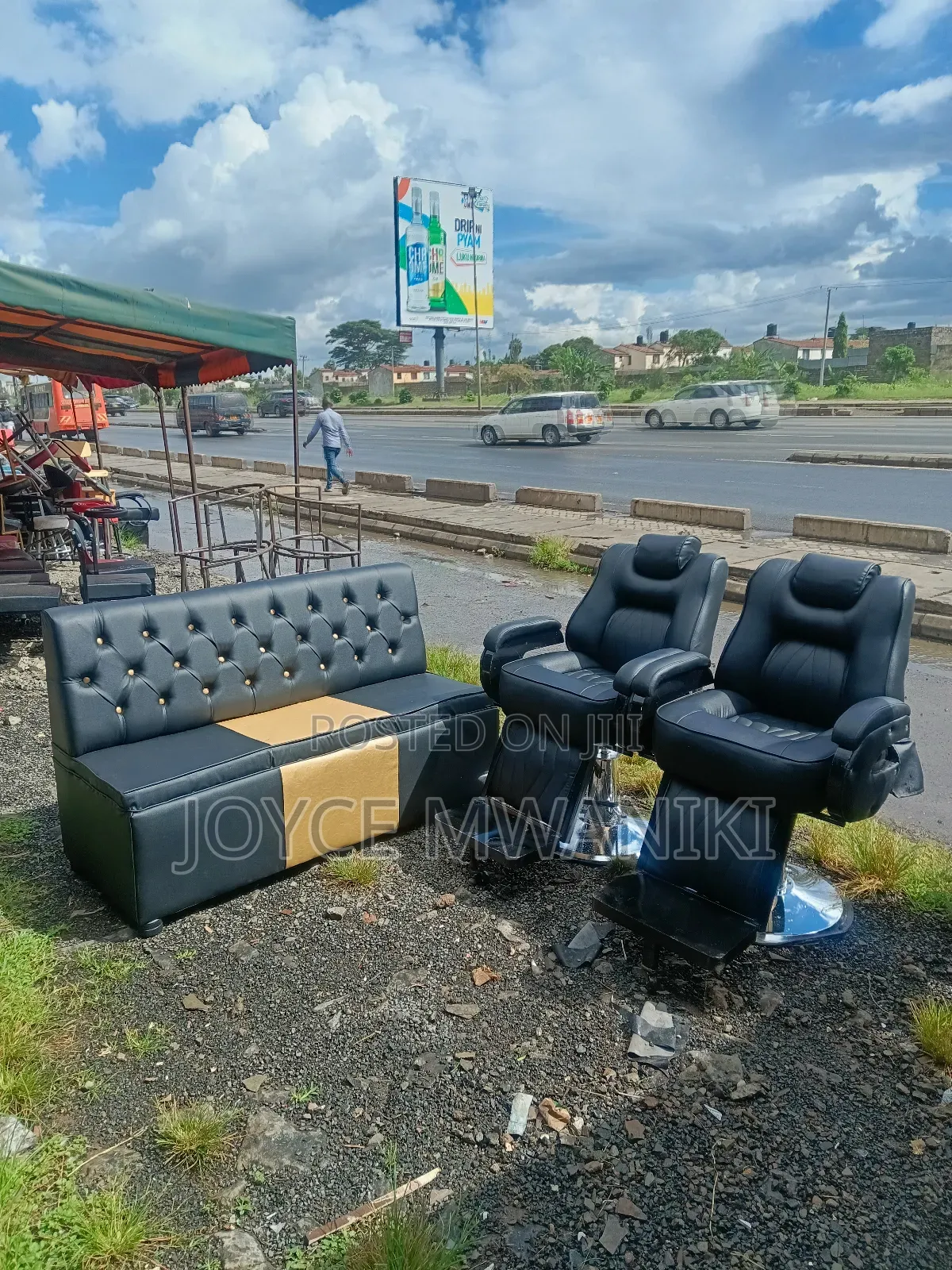 2 Hydraulic Barber Seats and a Waiting Bench 