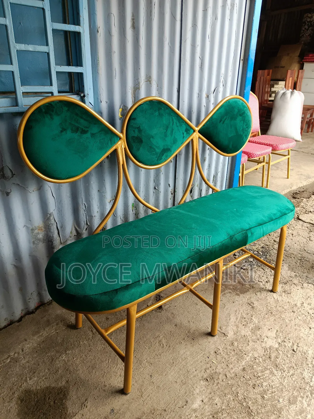Waiting Seat for Salon, 3 Seater , Green and Gold 