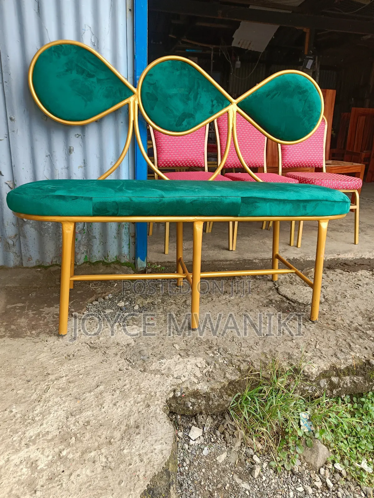 Waiting Seat for Salon, 3 Seater , Green and Gold 