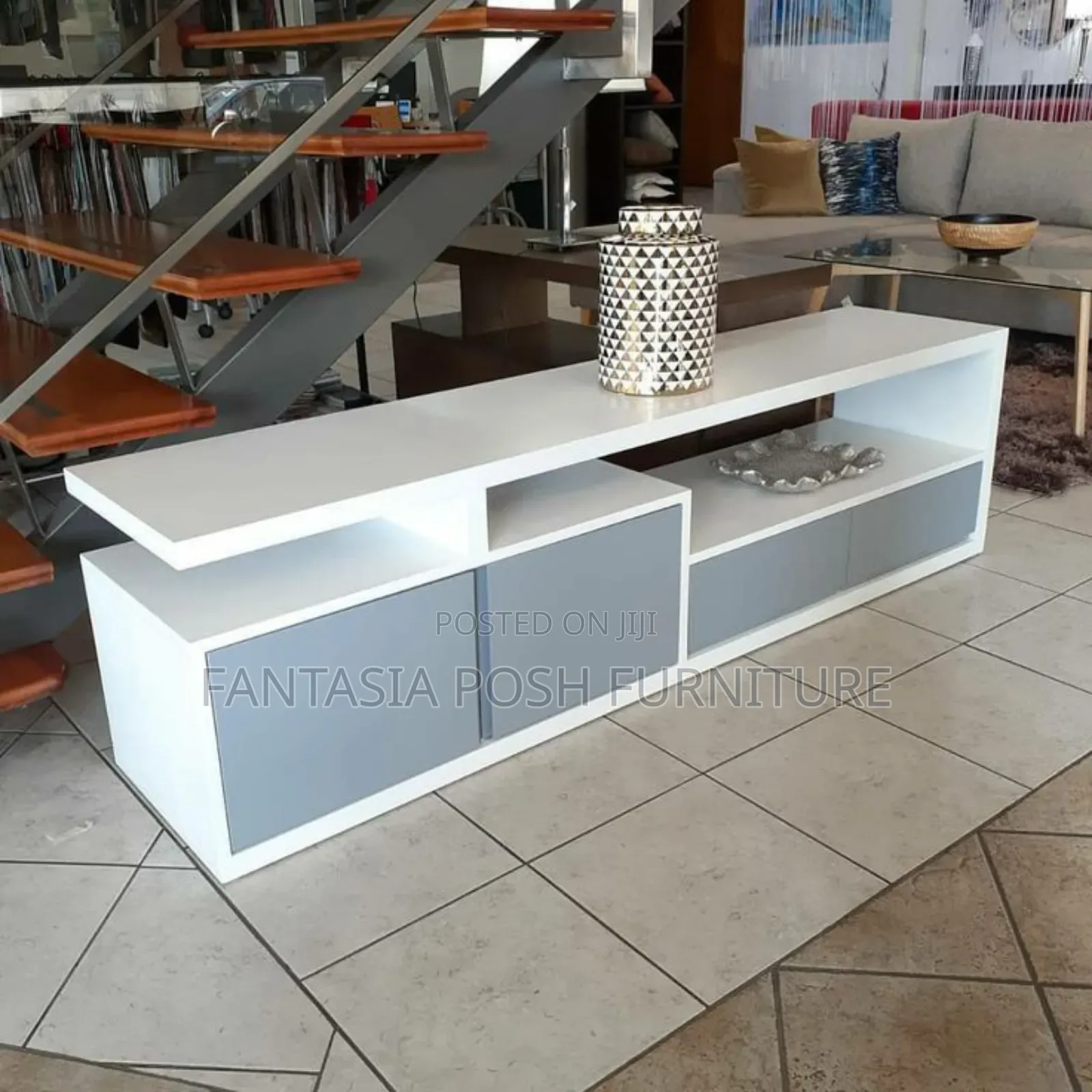 Stylish White Tv Stand With Grey Accent Doors