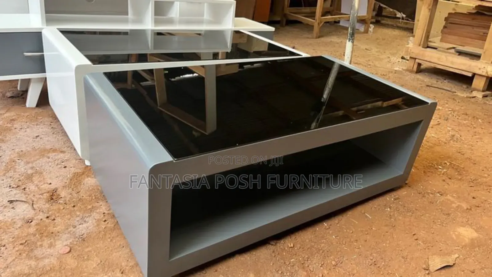 New Grey Coffee Table With Black Glass Top