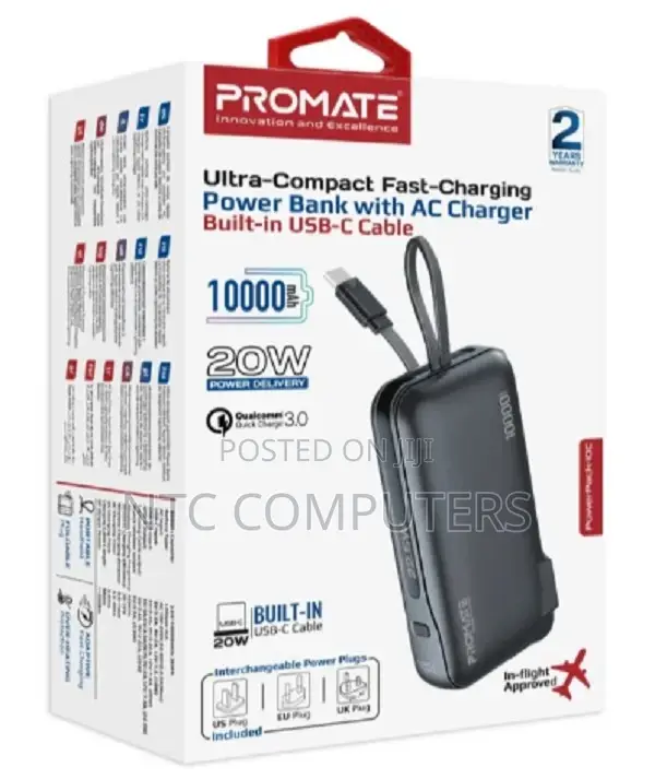 Promate 10000mah Power Bank W/ 20w Pd Usb-C in/Out Port, 22