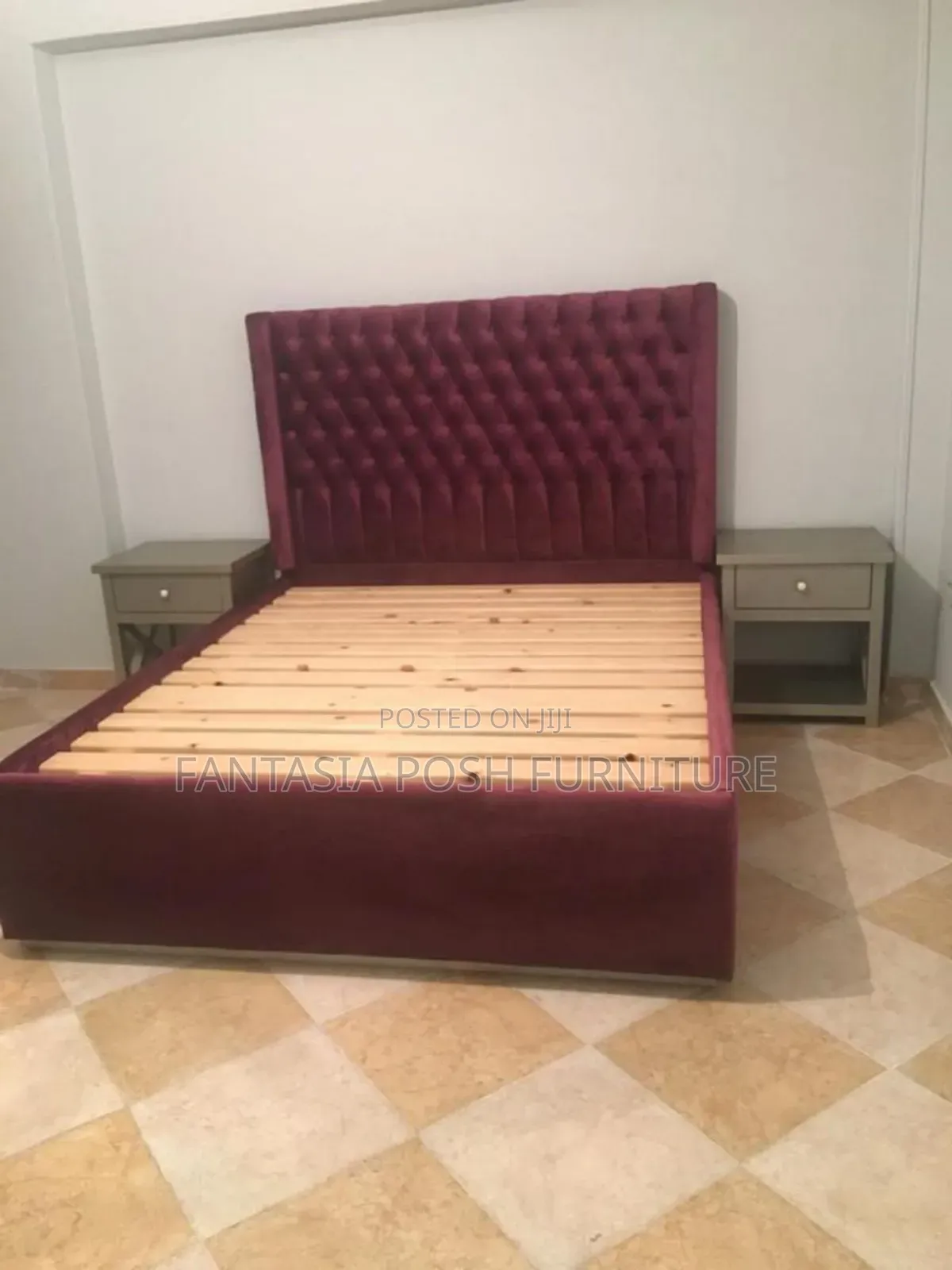 Deep Burgundy Mocket Wingback Bed. Size 5 by 6