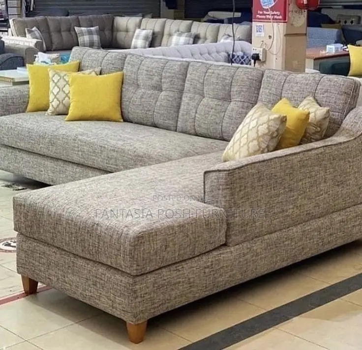5-seater Corner Sofa In Light Grey Textured Fabric