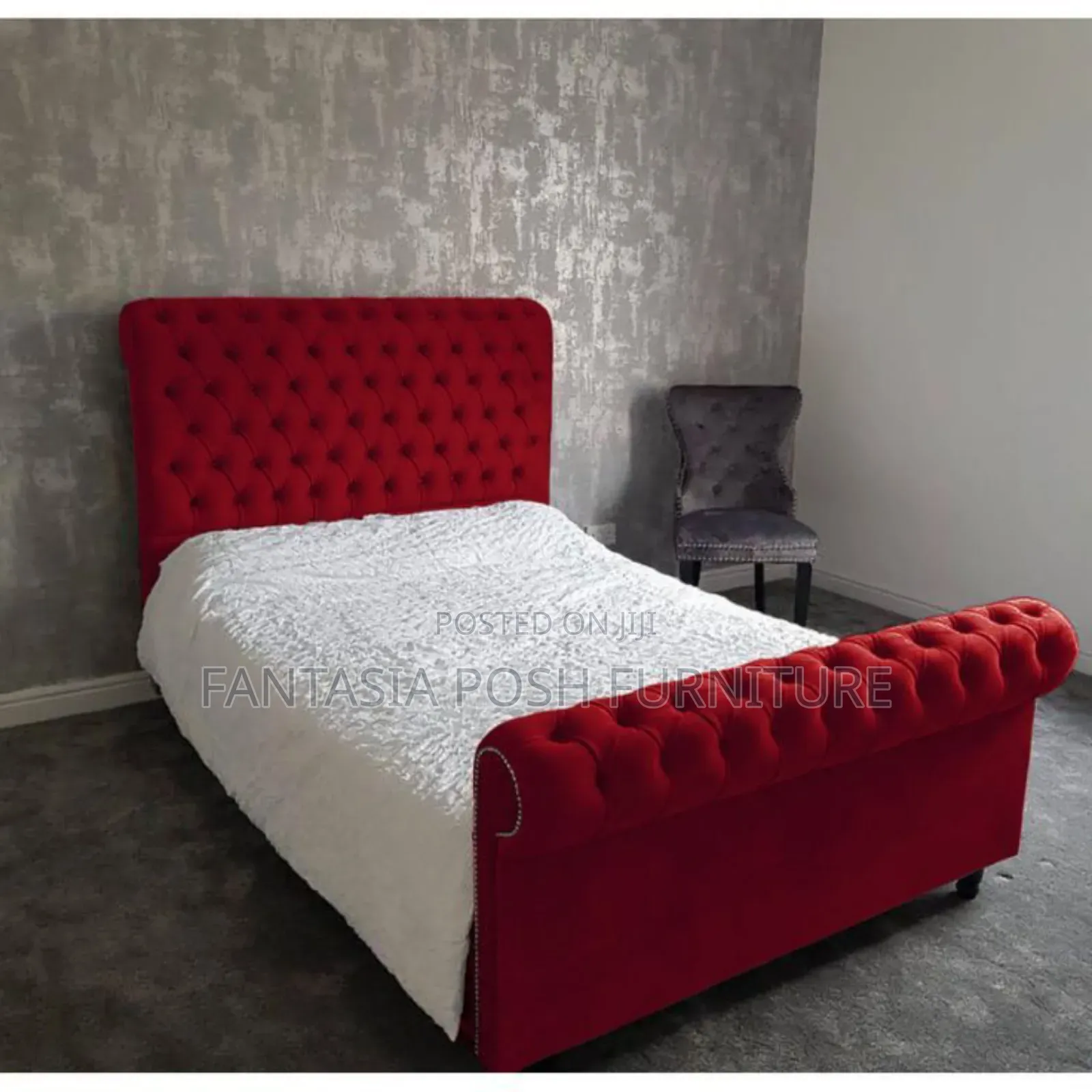5x6 Red Fabric Chesterfield Sleigh Bed