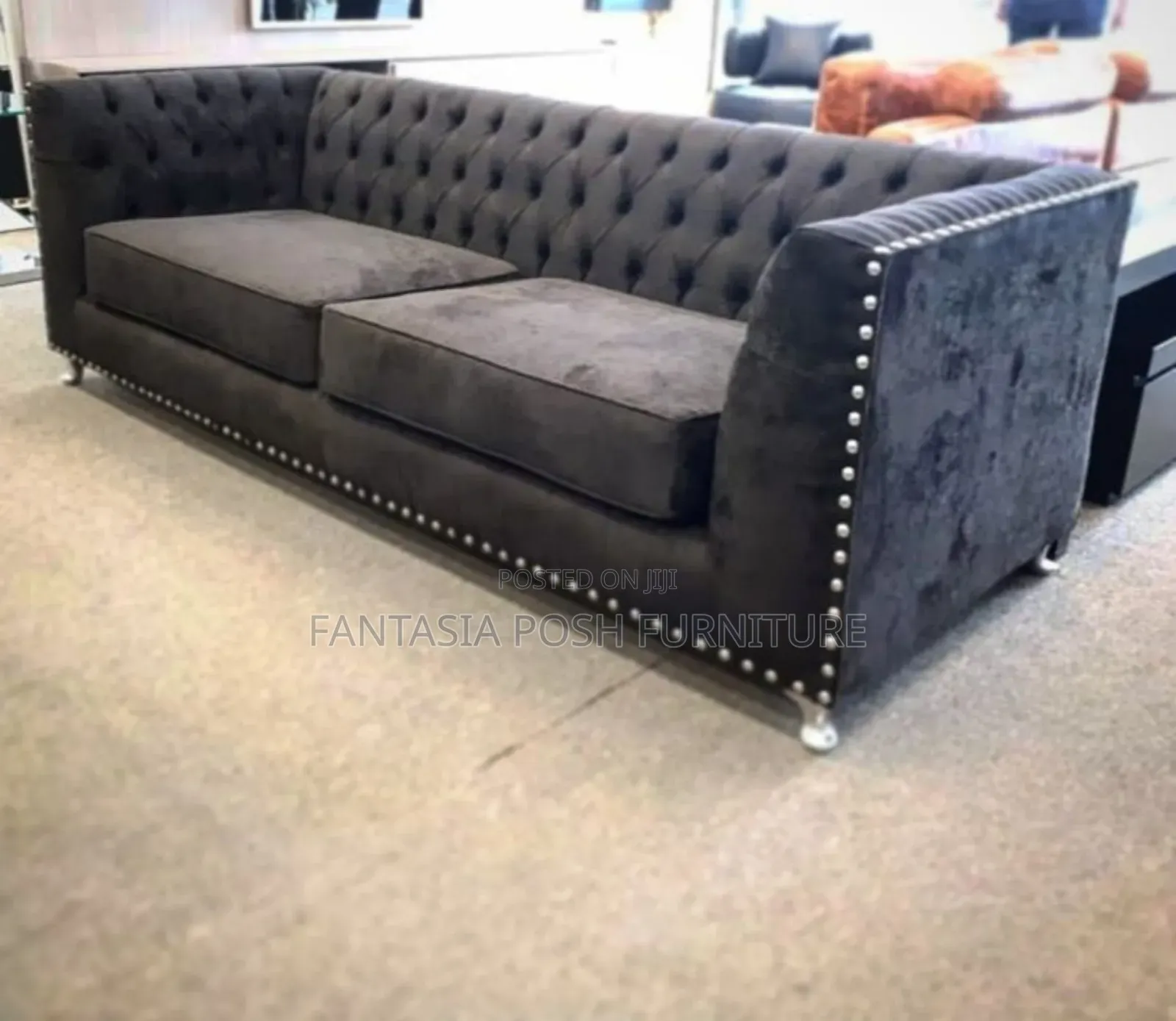 3-Seater Modern Black Chesterfield Sofa With Studded Detailing