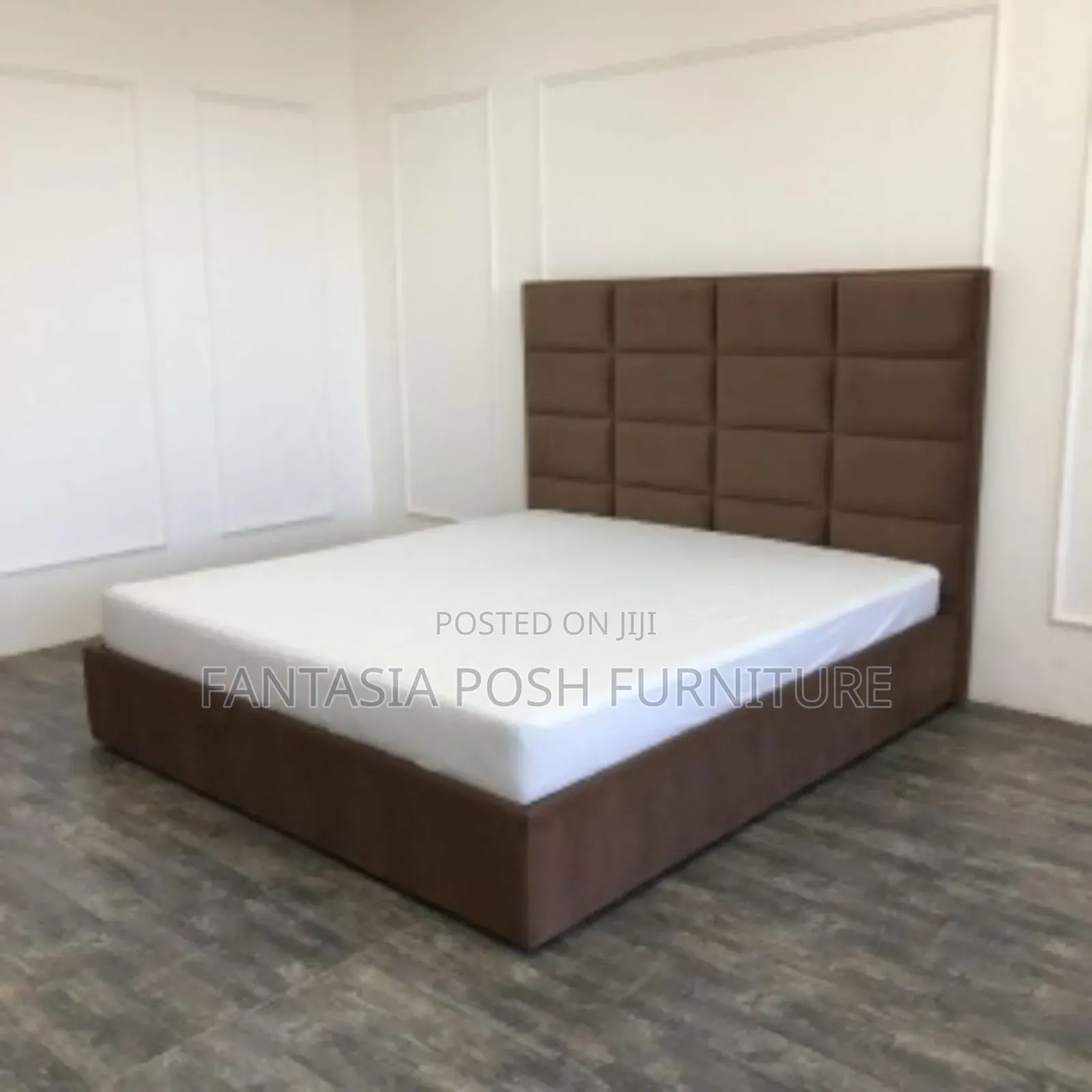 Modern Brown Grid Upholstered 5 ×6 Bed Frame