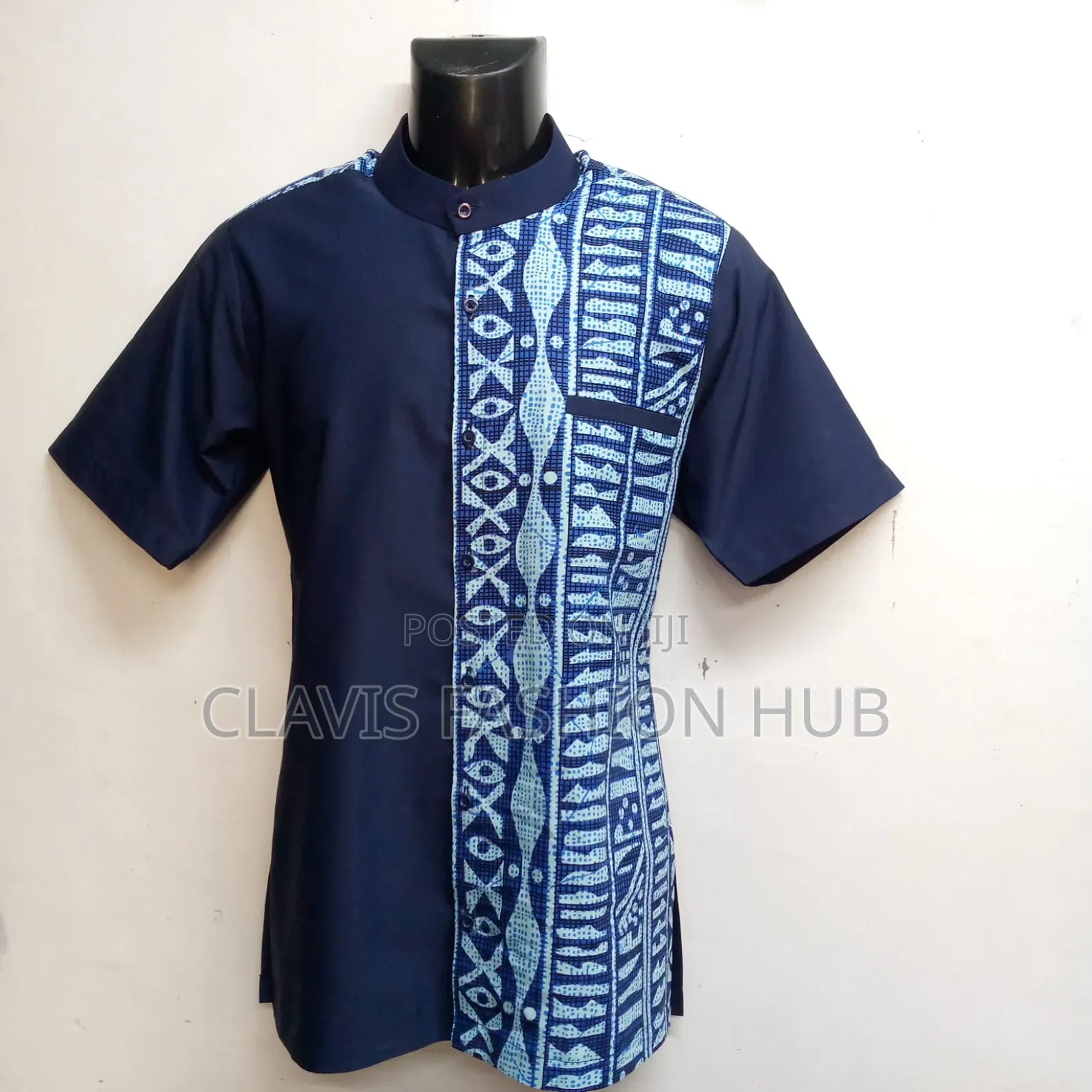 Navy Blue Shirt Short Sleeved With Kitenge