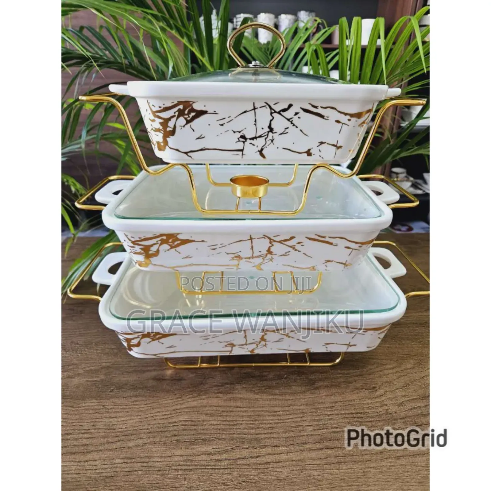 3pcs White Gold Ceramic Chaffing Dish