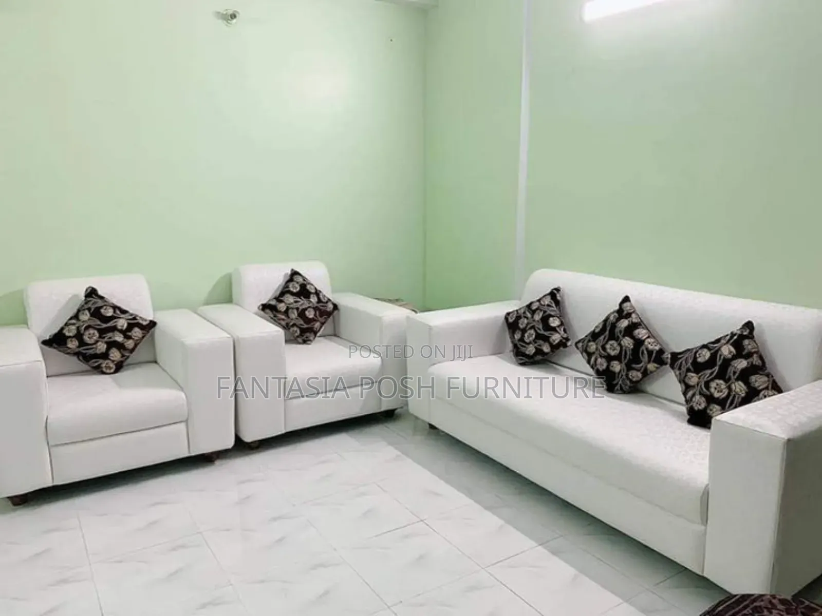 Elegant White 3 + 2 Sofa Set With Dark Pillows