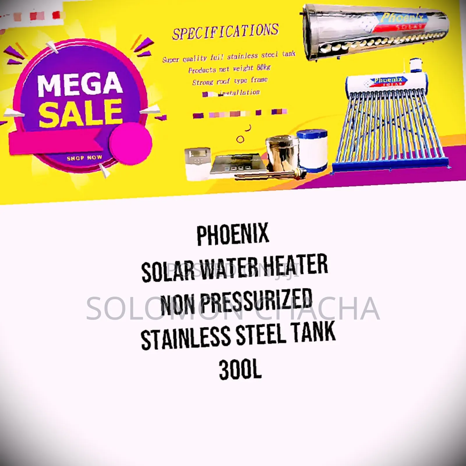 Phoenix 300l Non Pressurized Stainless Solar Water Heater