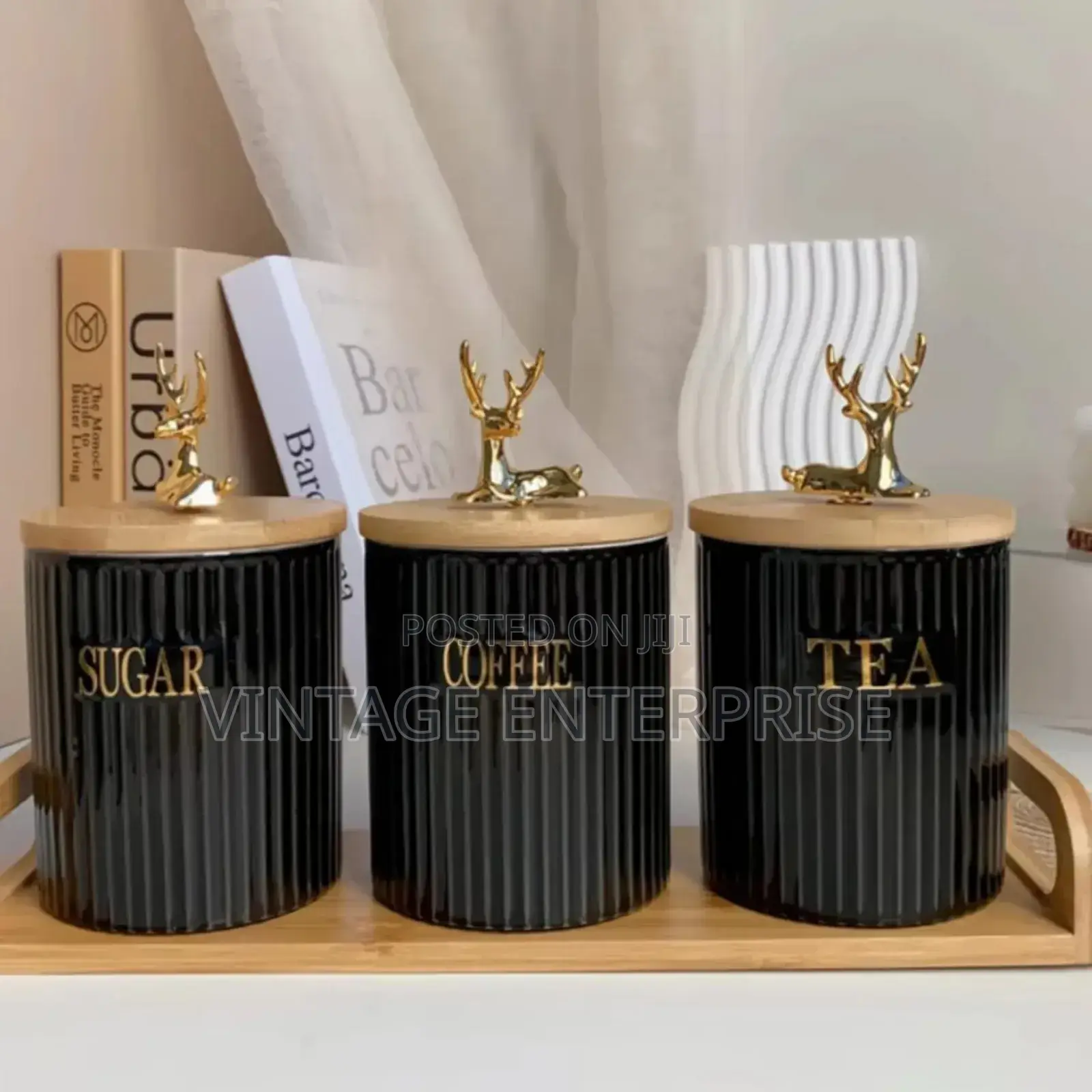 3pcs Ribbed Tea, Coffee Sugar Canister