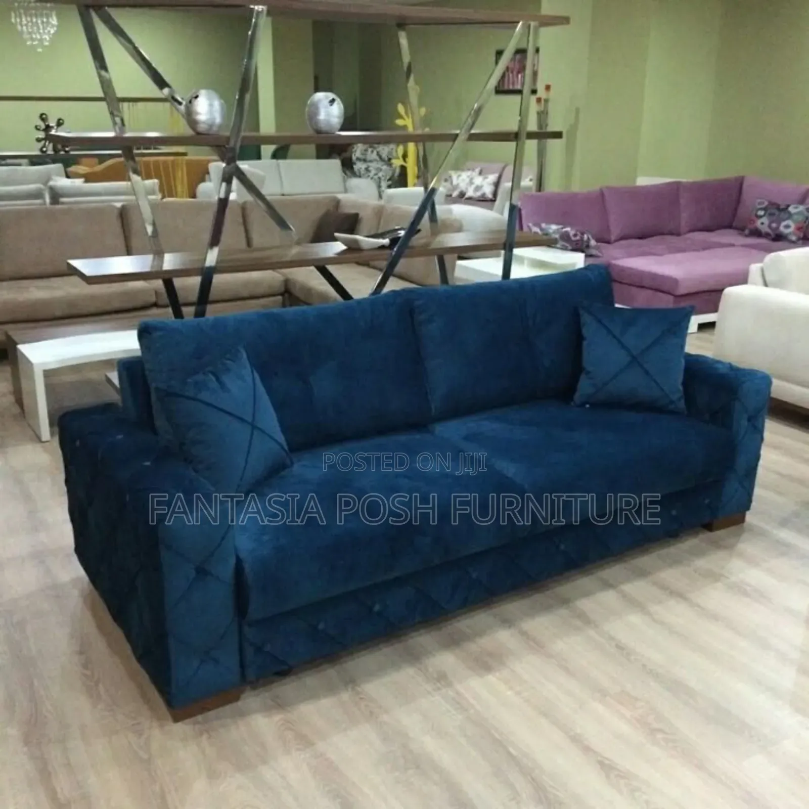3-Seater in Navy Blue Quilted Fabric