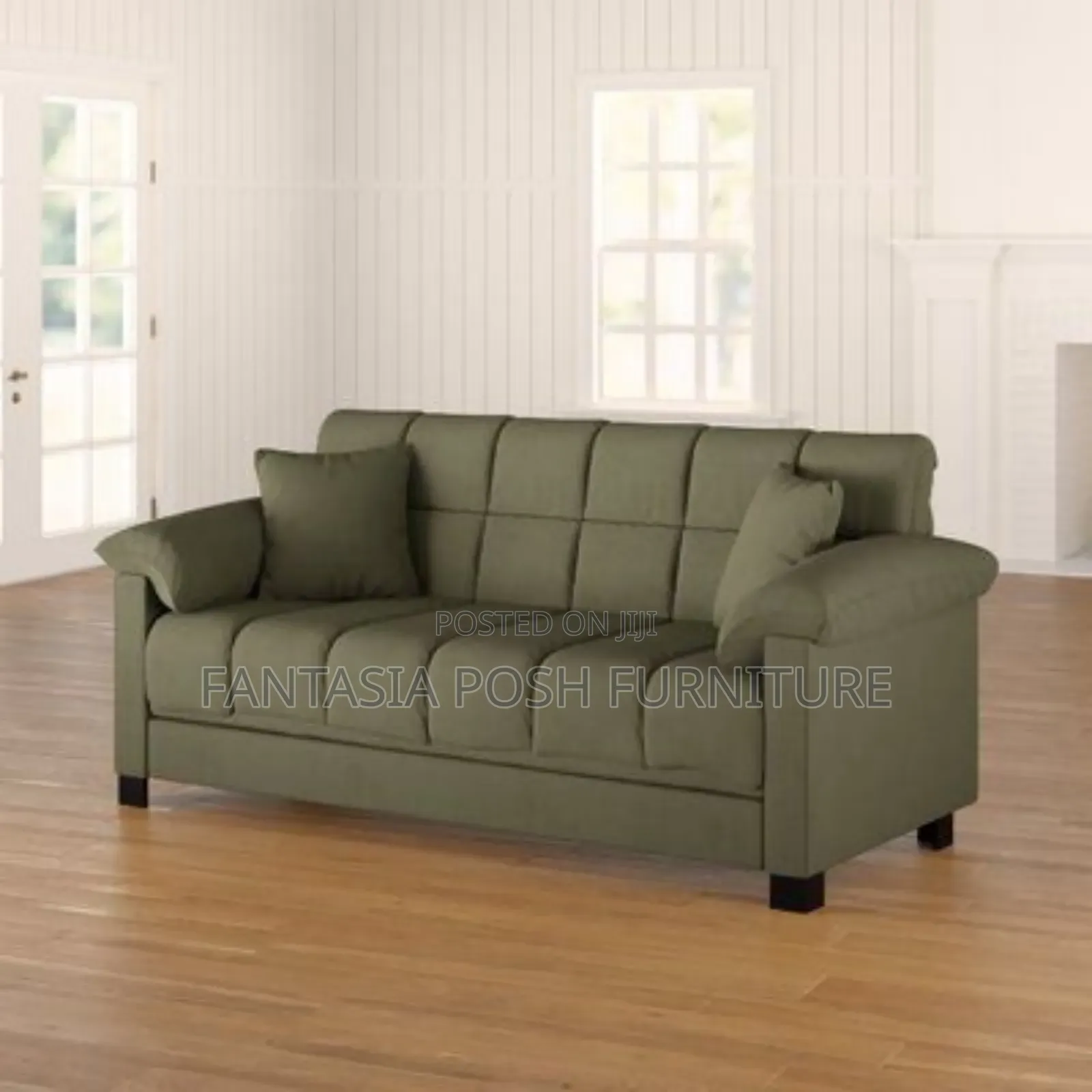 Olive Green 3-Seater Sofa With Pillows