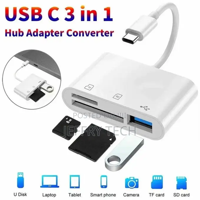3 in 1 Adapter Type-C, Tf, Cf, Sd, Memory Card Reader, Recor
