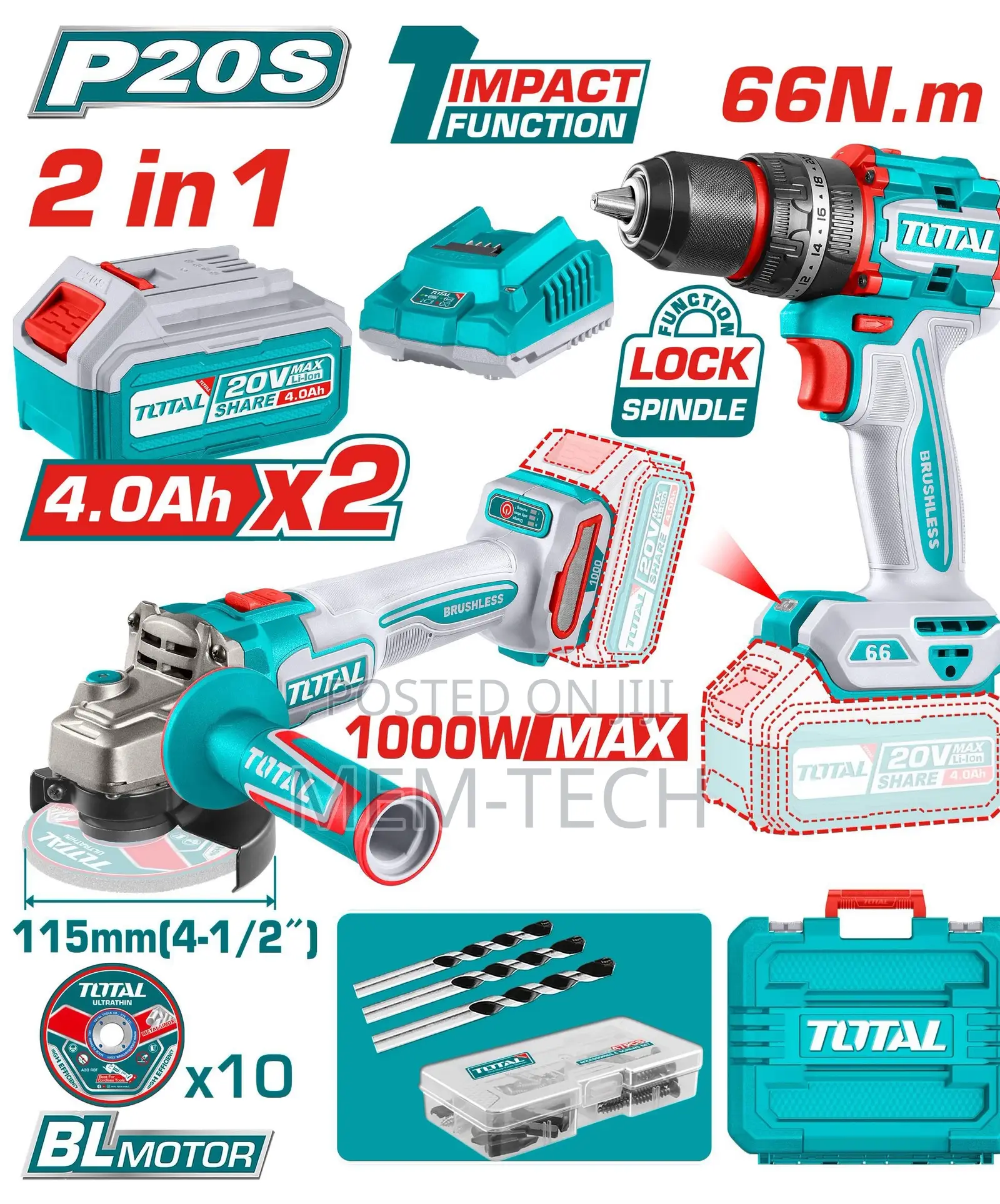 Total Tckli20273 Cordless 2 PCS Combo Kit