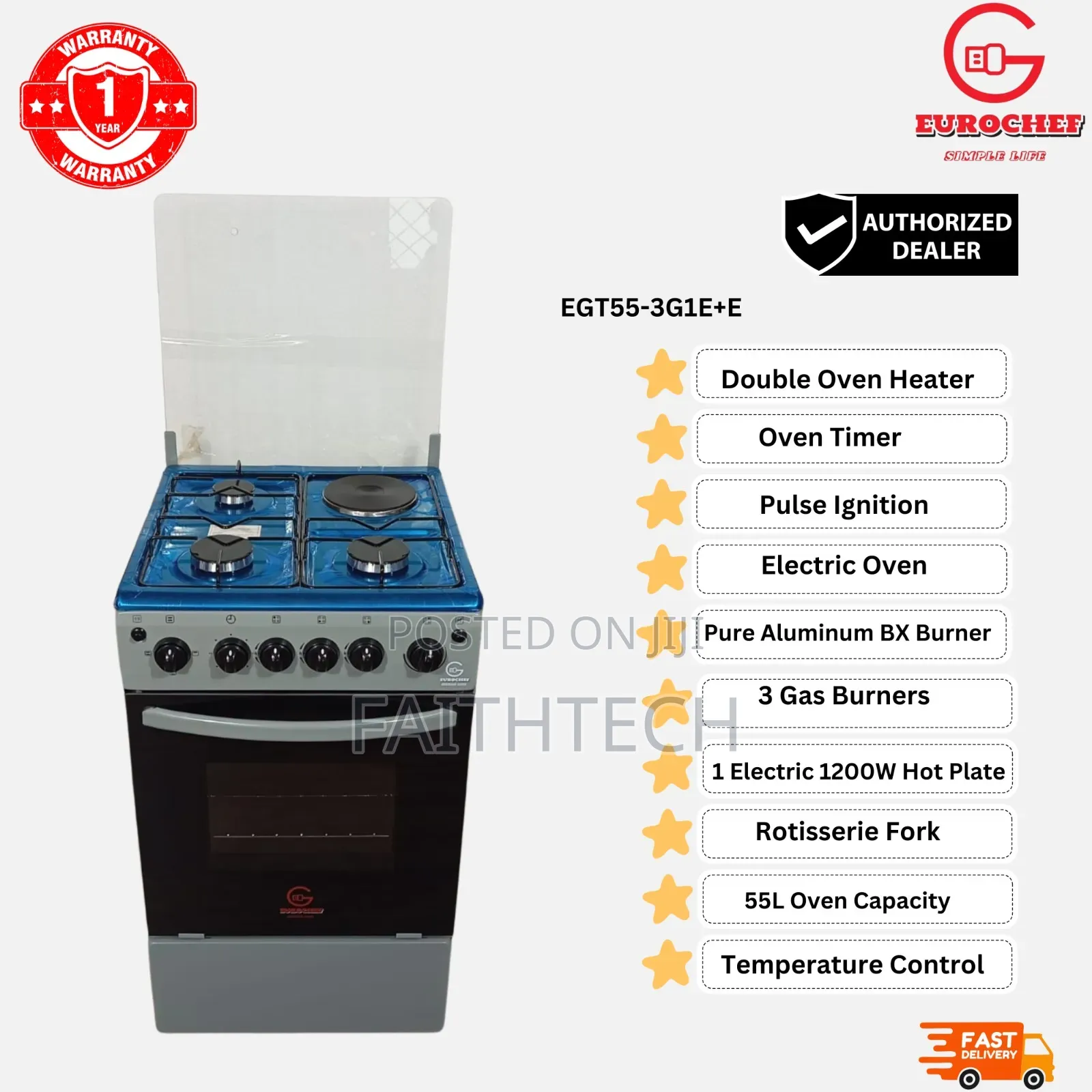 Eurochef Free Standing 3 Gas Burner +1 Electric Cooker