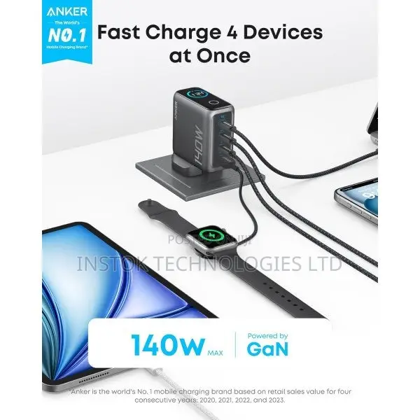 Anker Laptop Charger (140w, 4-port, Pd 3.1) + Usb-c Cable