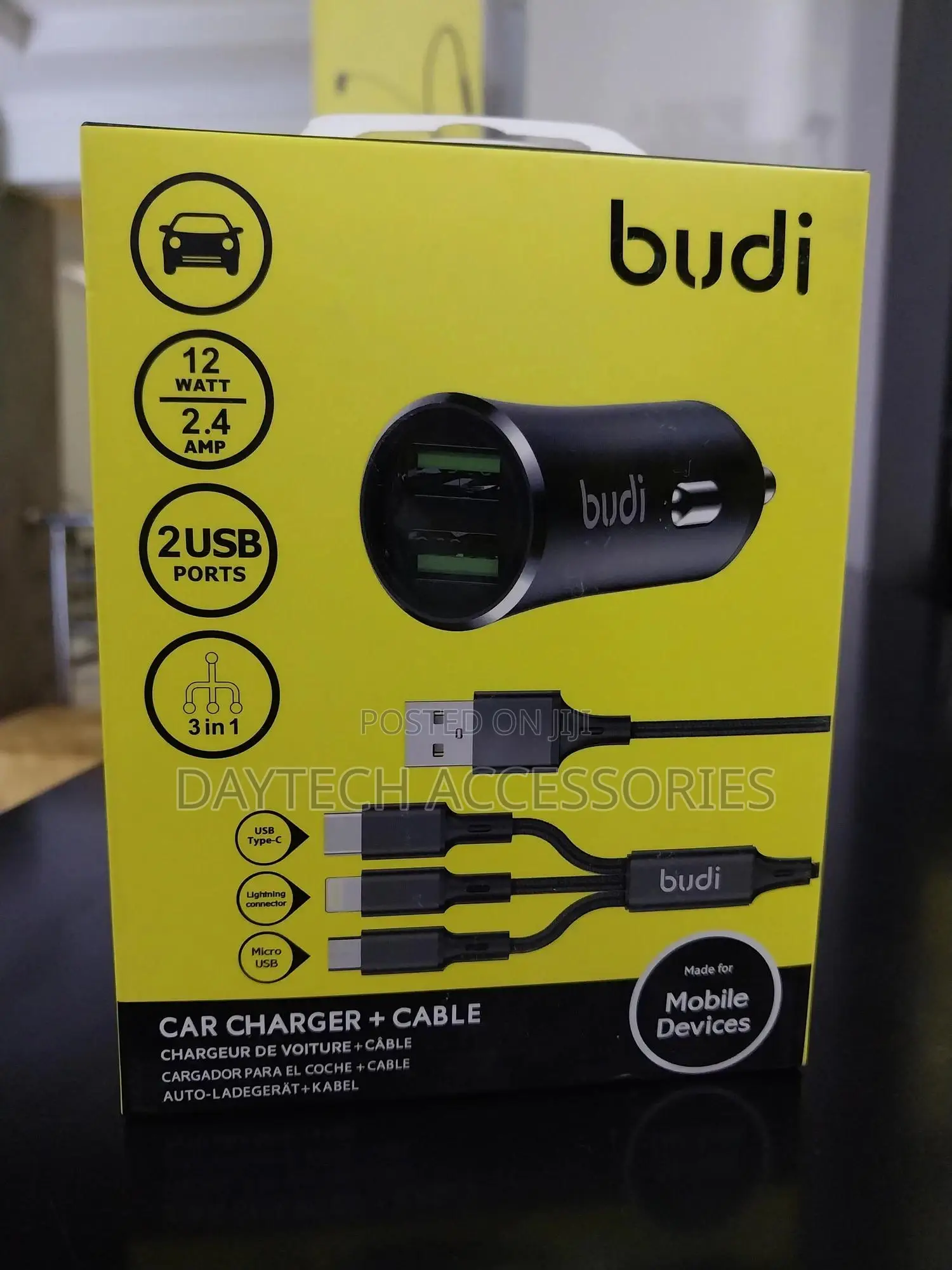 Budi 12w Car Charger With 3-in-1 Charging Cable 1m