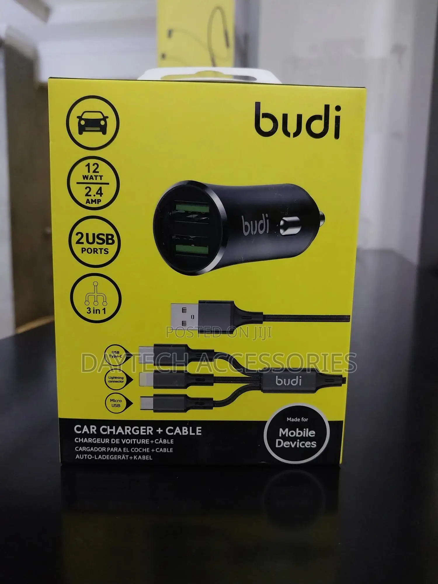 Budi 12w Car Charger With 3-in-1 Charging Cable 1m