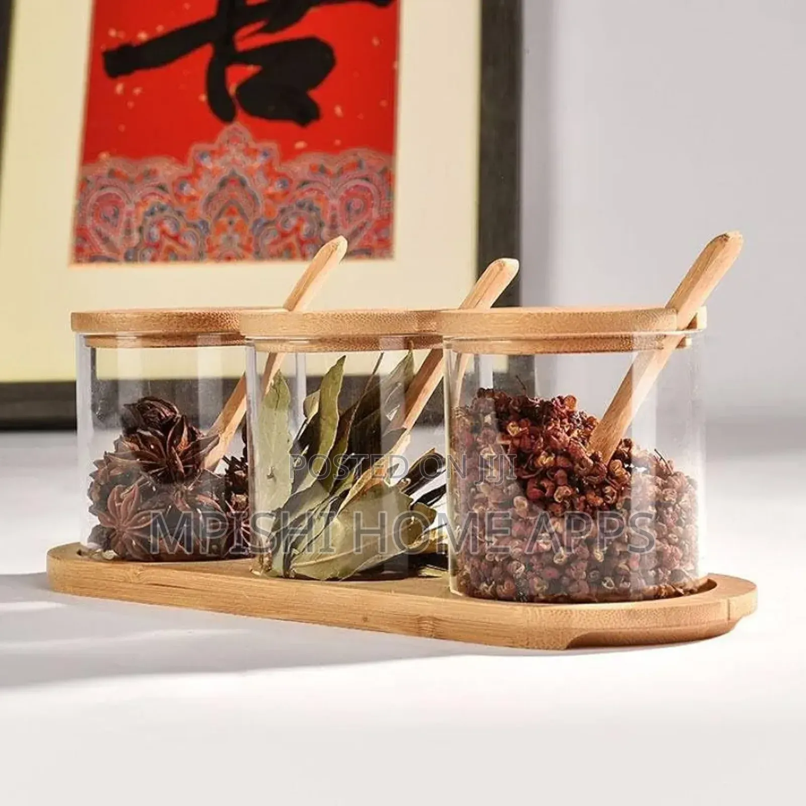 3 In1 Glass Sugar Set With Bamboo Stand, Lids And Spoons