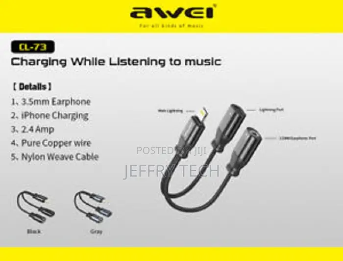 Awei CL-73 iPhone Lightning Male To 3.5mm Adapter, Charge & Music