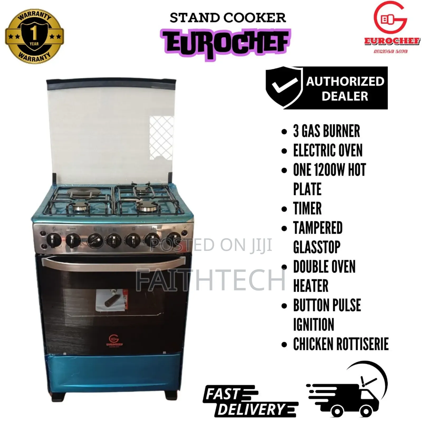60*65 Eurochef Free Standing 3 Gas Burner +1 Electric Cooker