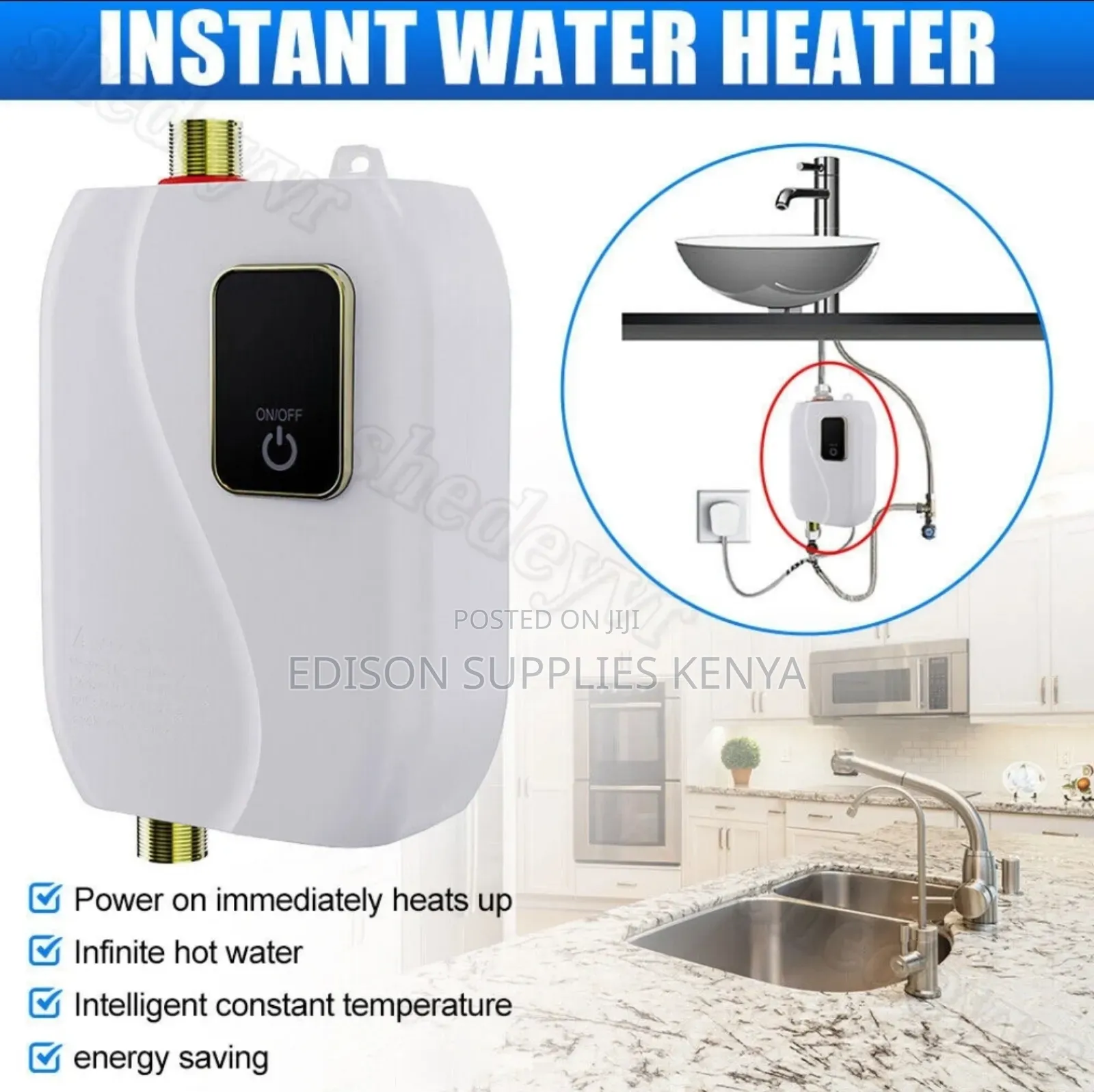 Instant Undersink Water Heater Tap Top Plug for Bathtub Salon Kitchen