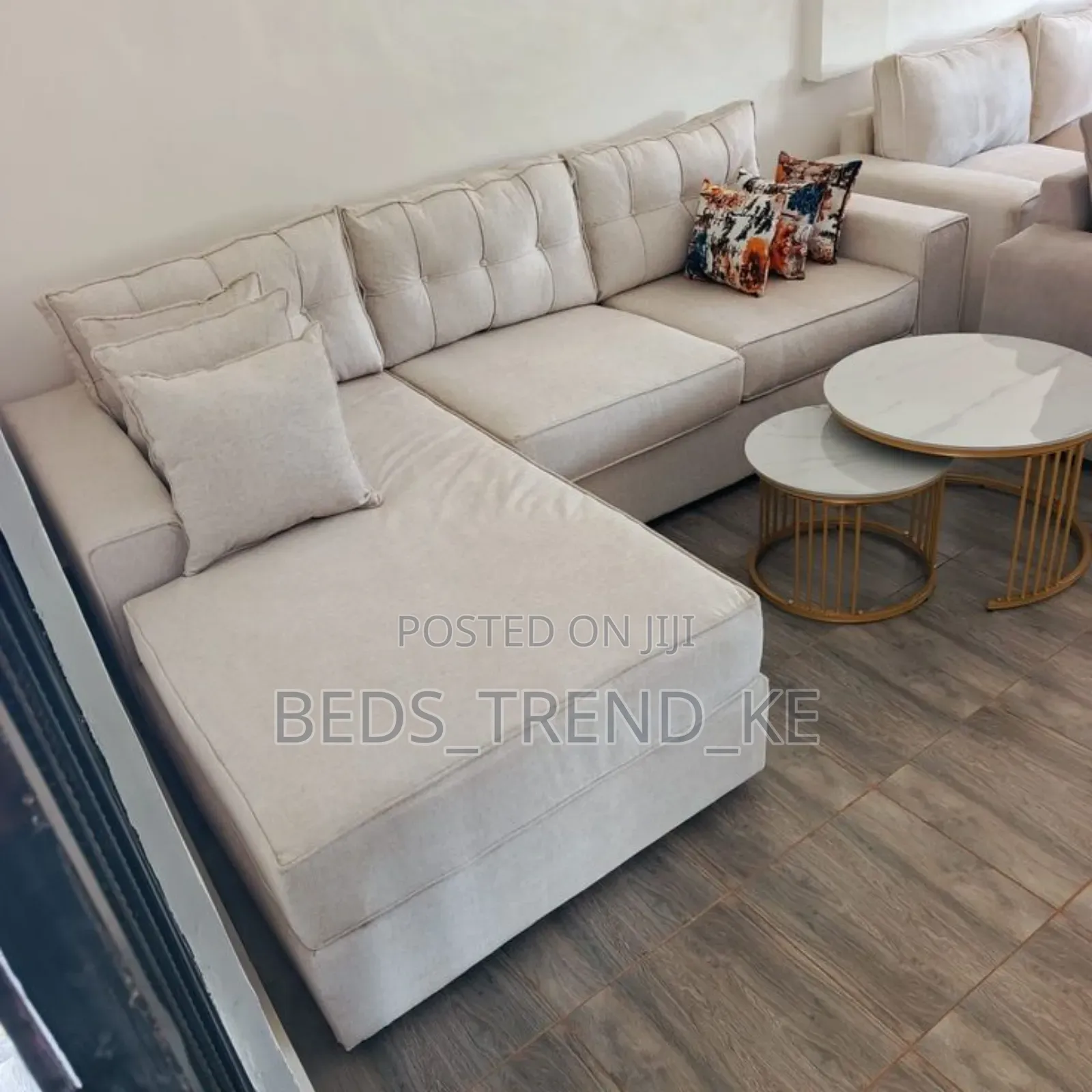 Beige 6 Seater L Seat Sofas + 3 Free Throw Pillows