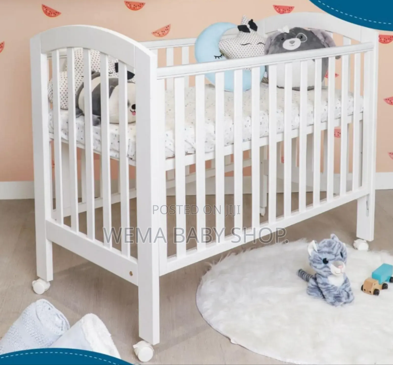Wheeled Baby Crib/Cot With Mattress+Braided Bumpers+Stand M/Net