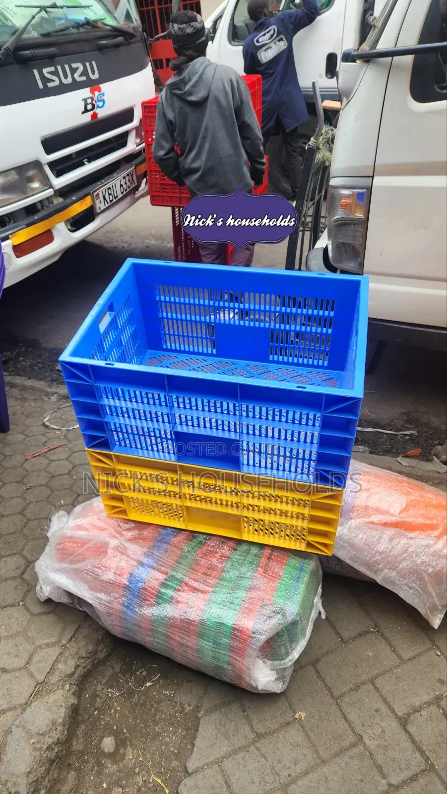 Large, Yellow and Blue Plastic Crates