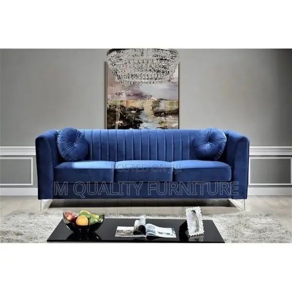 Royal Blue 3 Seater Modern Sofa With Round Throw Pillows