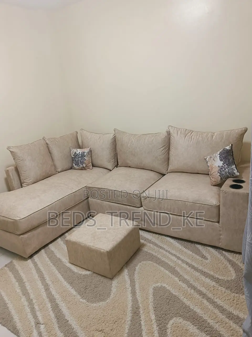 Elegant 6 Seater Decent L Seat Sofa With Cupholders + Puff