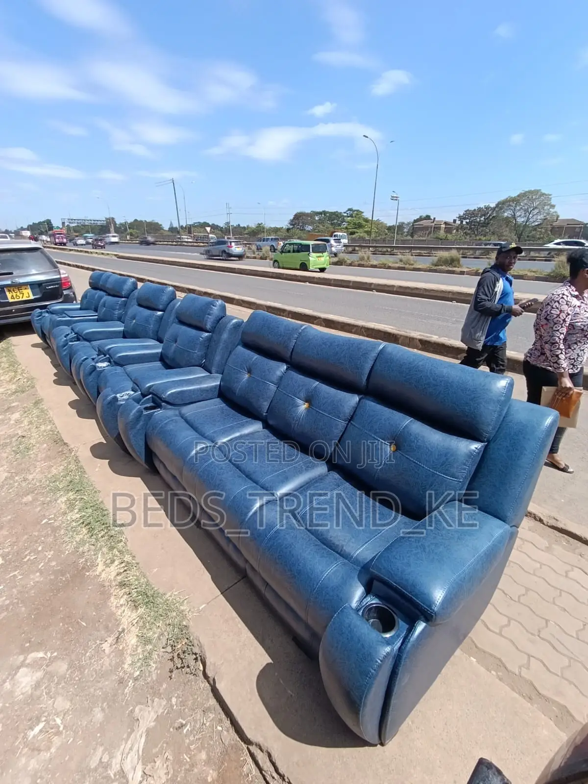 Blue 7 Seater Semi Recliner Sofa 3,2,1,1