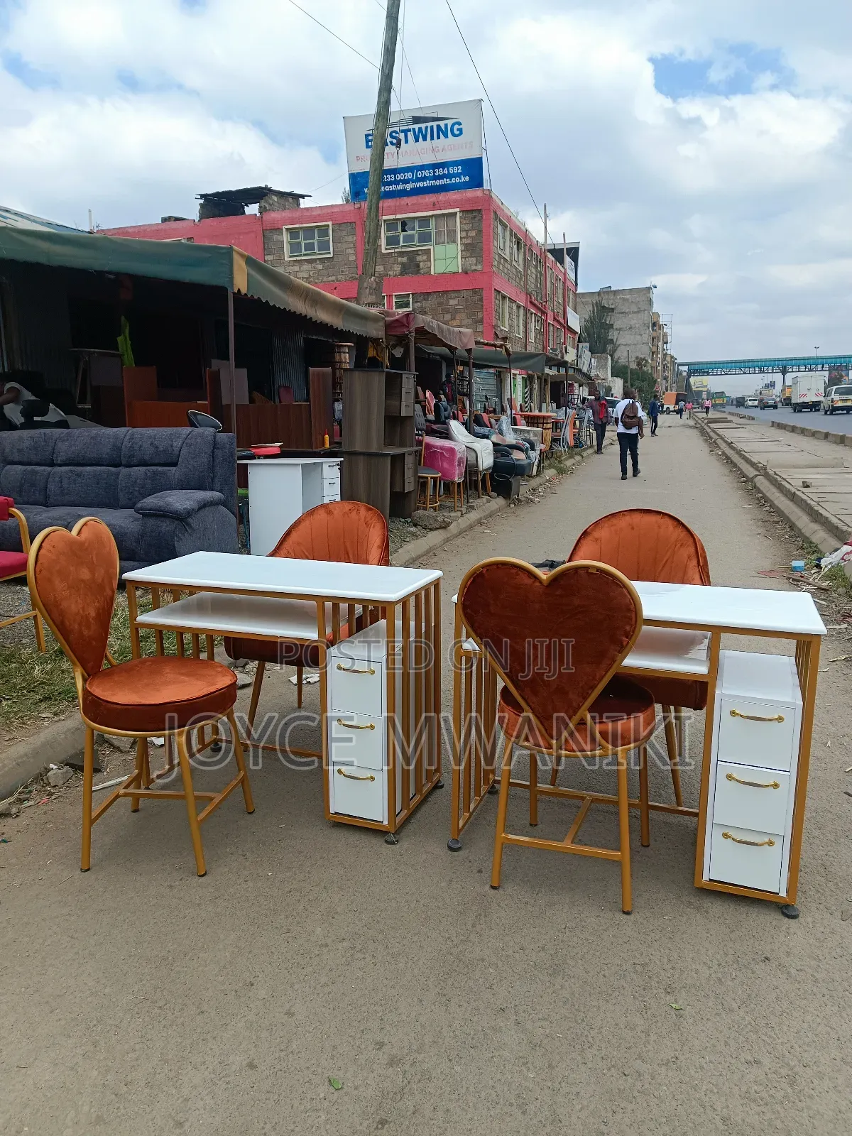 2 Manicure Sets, Burnt Orange Seats, Marble Table 