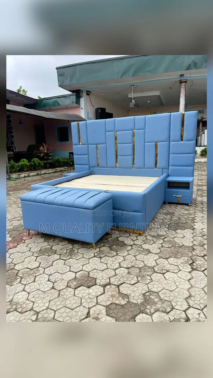 Blue 5 by 6 Board Bed With Ottoman and Side Drawers