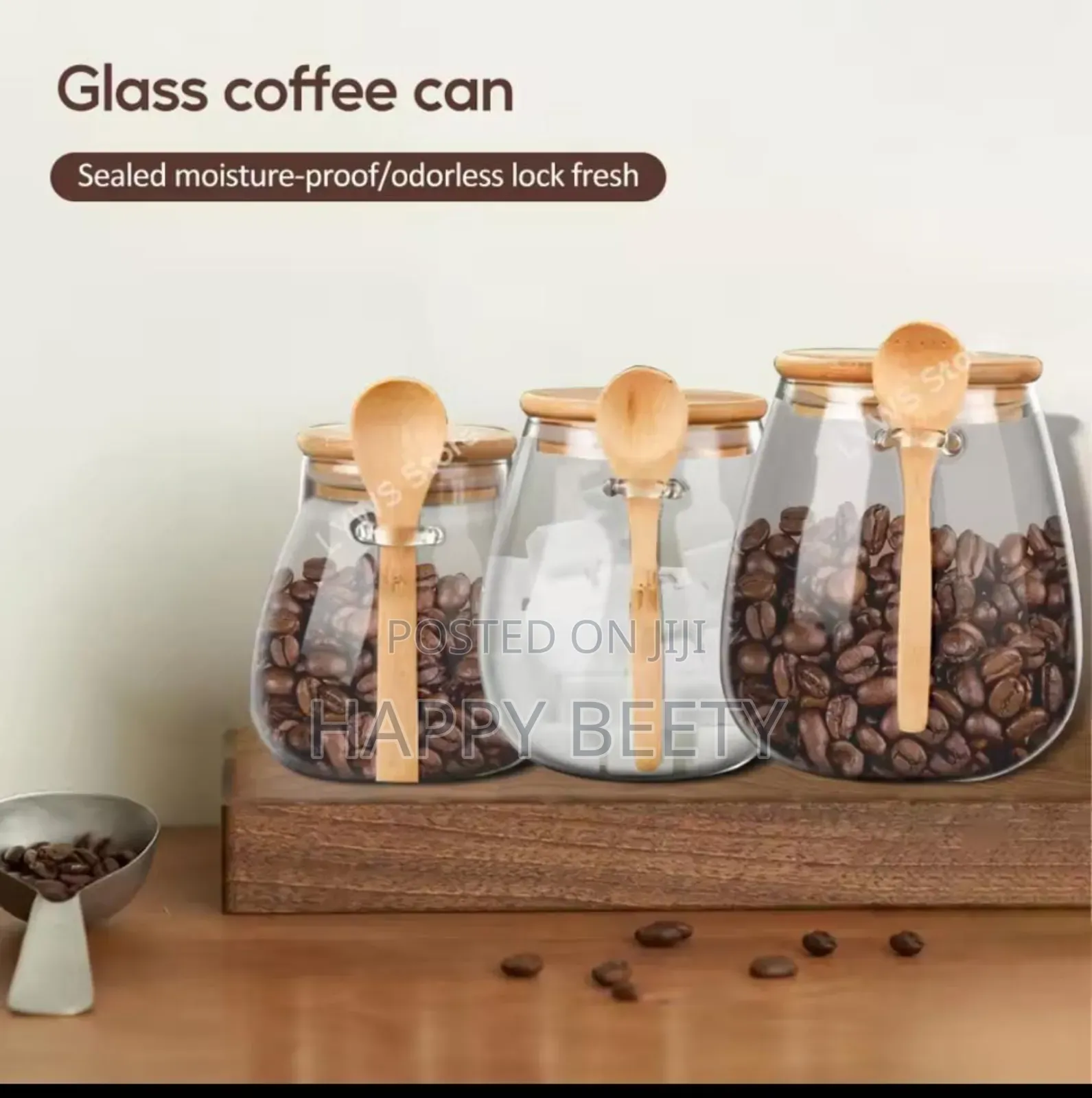 Glass Storage Canisters With Bamboo Spoon Airtight Lid.