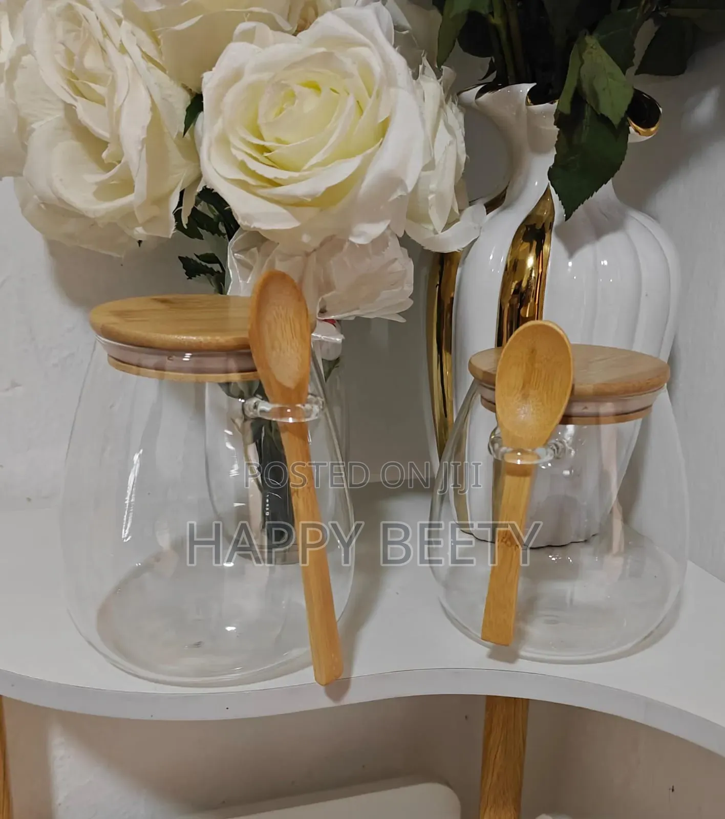 Glass Storage Canisters With Bamboo Spoon Airtight Lid.