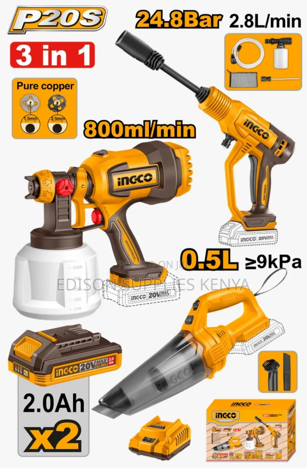 3pcs Ingco Cordless Pressure Washer Spray Gun Vaccum Cleaner