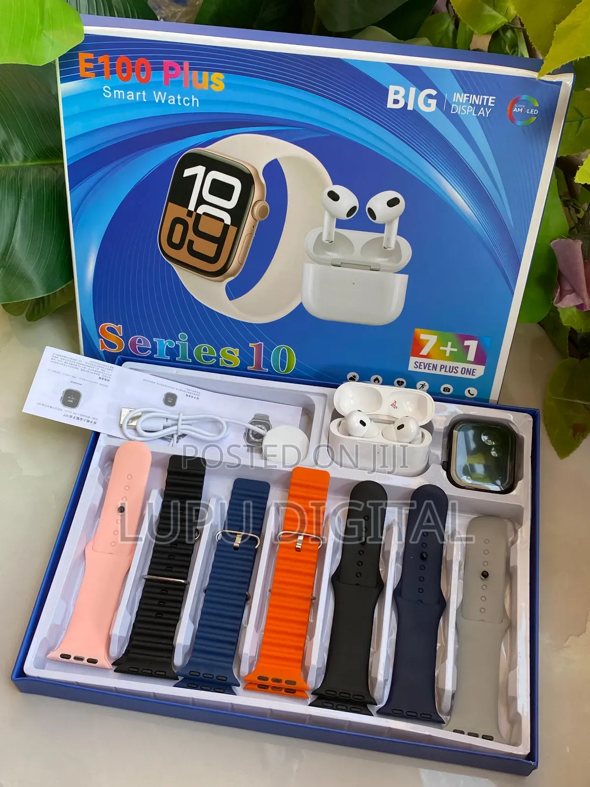 E100 Plus Smart Watch With Earbuds and 7 Straps