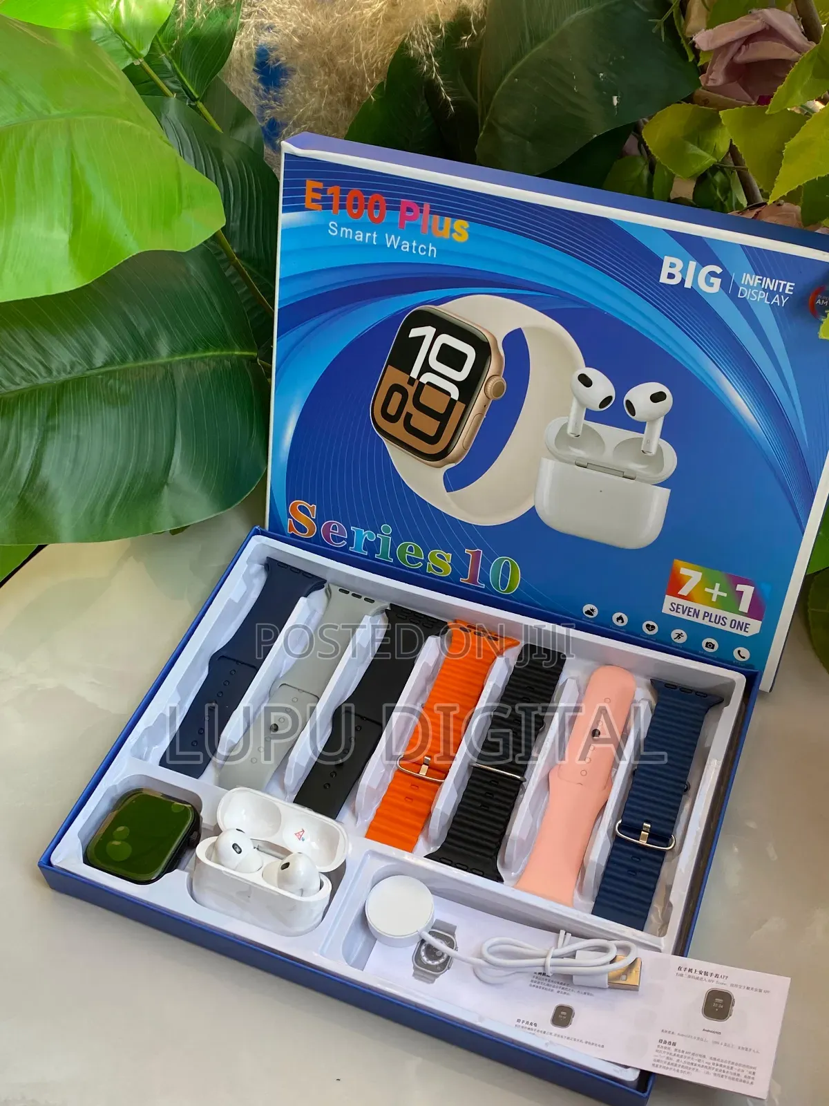 E100 Plus Smart Watch With Earbuds and 7 Straps